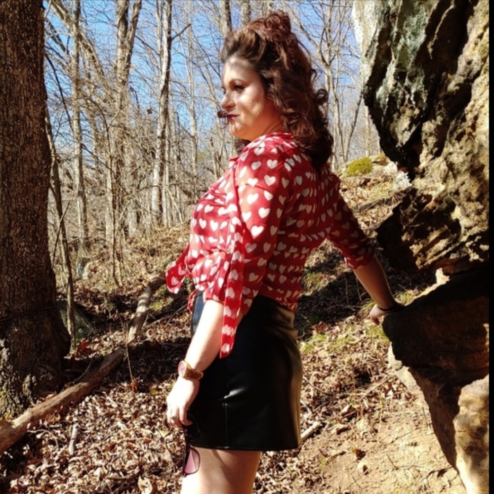 XTAREN Red 💕 Heart Print Sheer Blouse